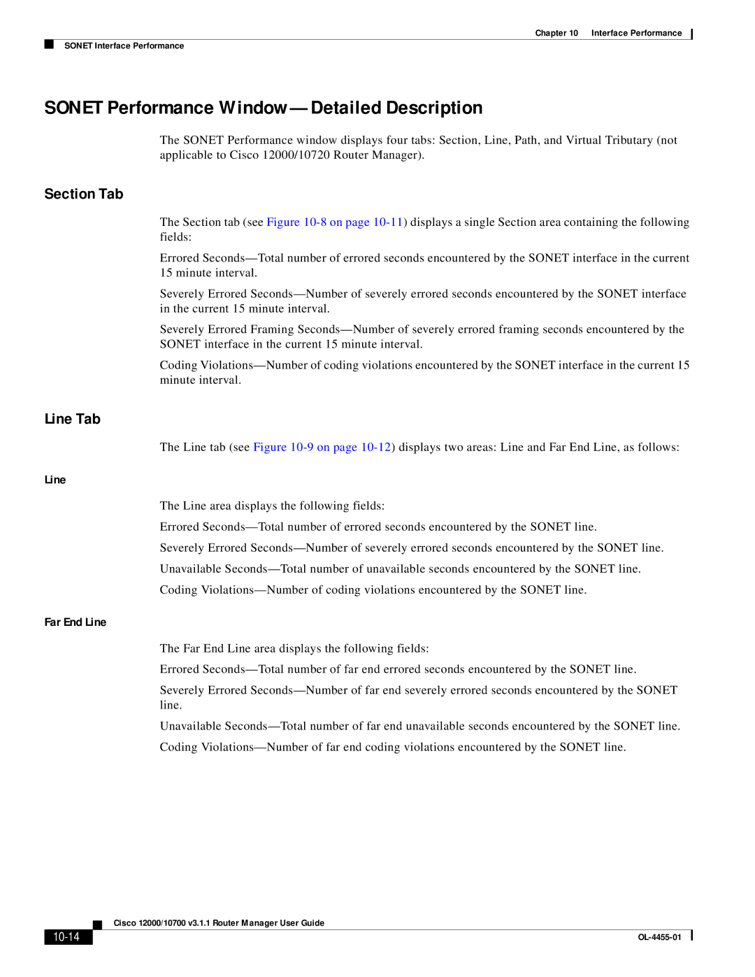 Cisco Systems 12000/10700 V3.1.1 manual Sonet Performance Window-Detailed Description, Section Tab, Line Tab, Far End Line 