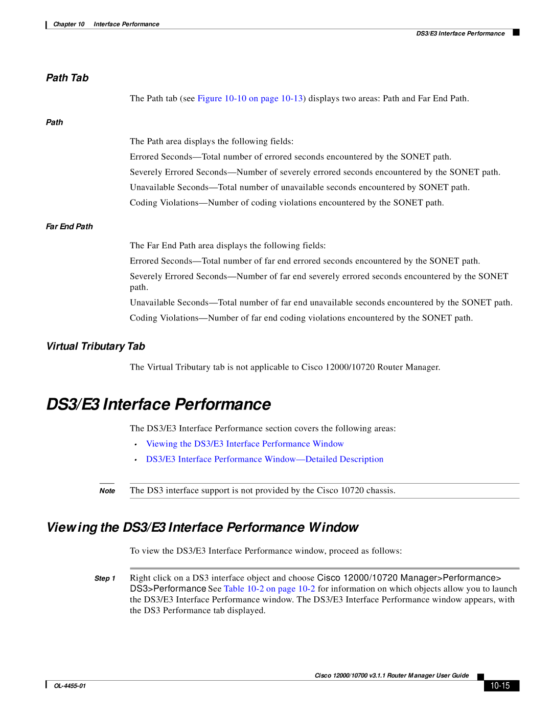 Cisco Systems 12000/10700 V3.1.1 Viewing the DS3/E3 Interface Performance Window, Path Tab, Virtual Tributary Tab 