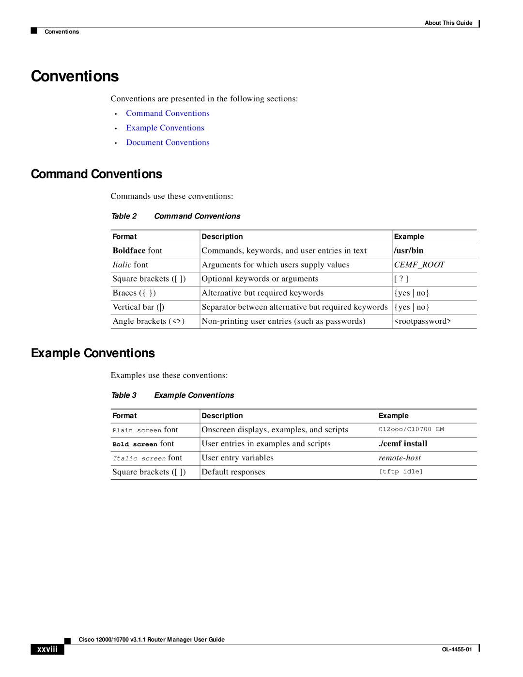 Cisco Systems 12000/10700 V3.1.1 manual Command Conventions, Example Conventions, Format Description Example, Xxviii 