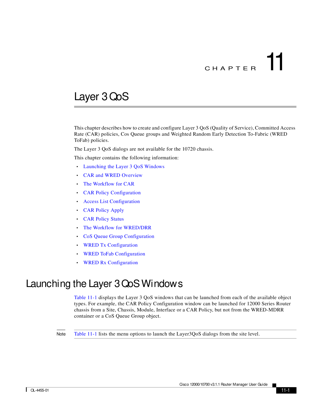 Cisco Systems 12000/10700 V3.1.1 manual Launching the Layer 3 QoS Windows, 11-1 