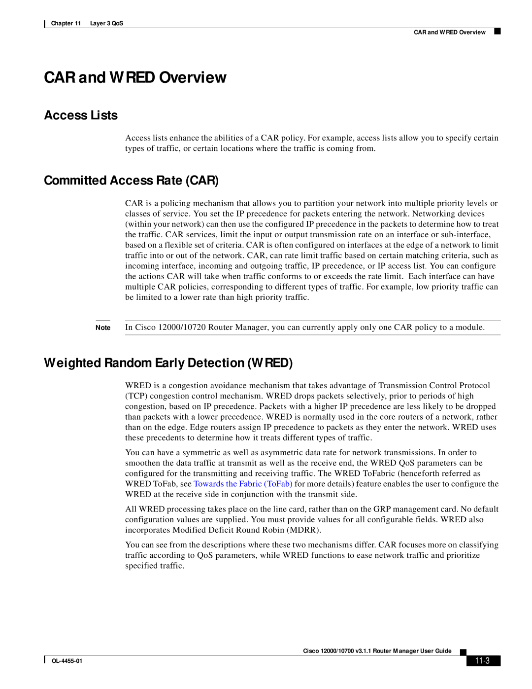 Cisco Systems 12000/10700 V3.1.1 manual CAR and Wred Overview, Access Lists, Committed Access Rate CAR, 11-3 