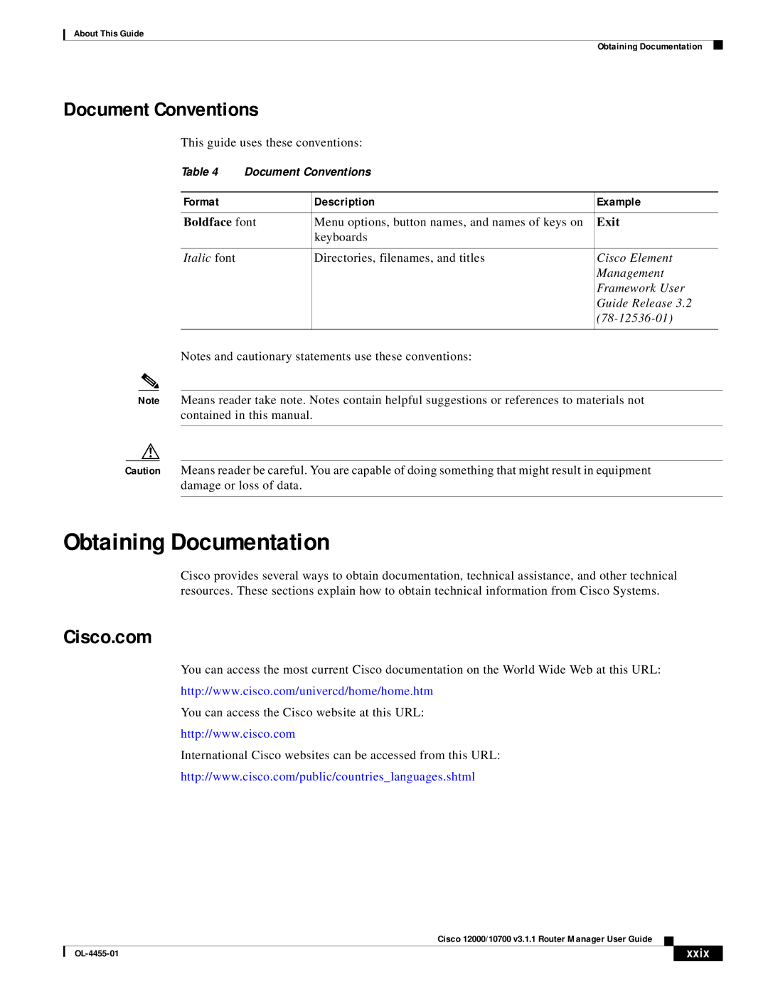 Cisco Systems 12000/10700 V3.1.1 manual Obtaining Documentation, Document Conventions, Cisco.com, Xxix 