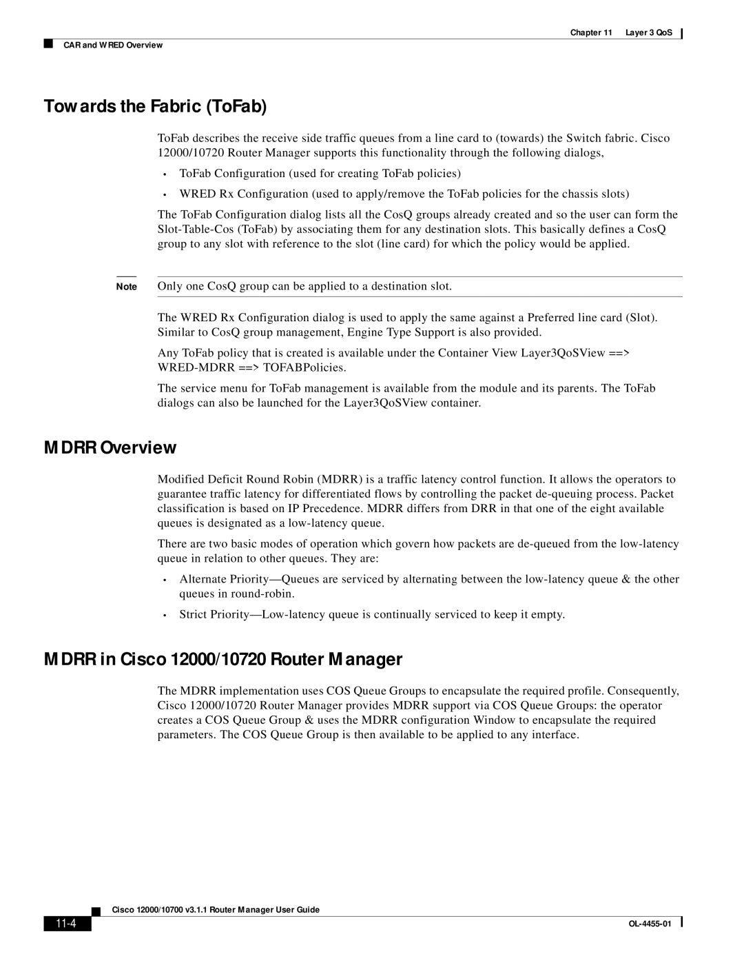 Cisco Systems 12000/10700 V3.1.1 Towards the Fabric ToFab, Mdrr Overview, Mdrr in Cisco 12000/10720 Router Manager, 11-4 