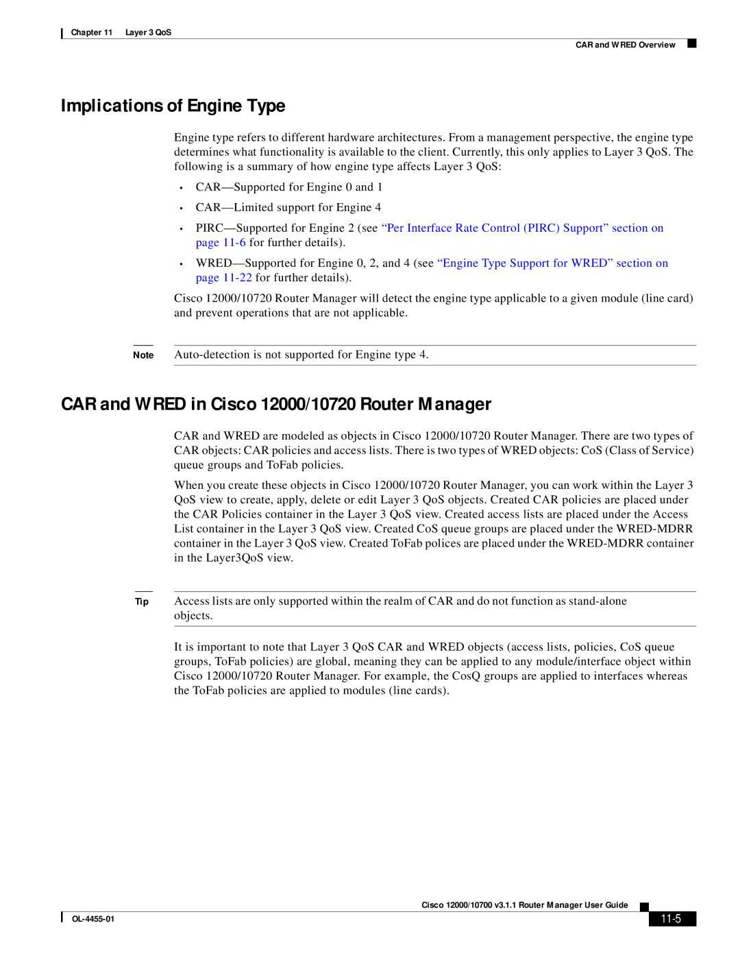 Cisco Systems 12000/10700 V3.1.1 manual Implications of Engine Type, CAR and Wred in Cisco 12000/10720 Router Manager, 11-5 