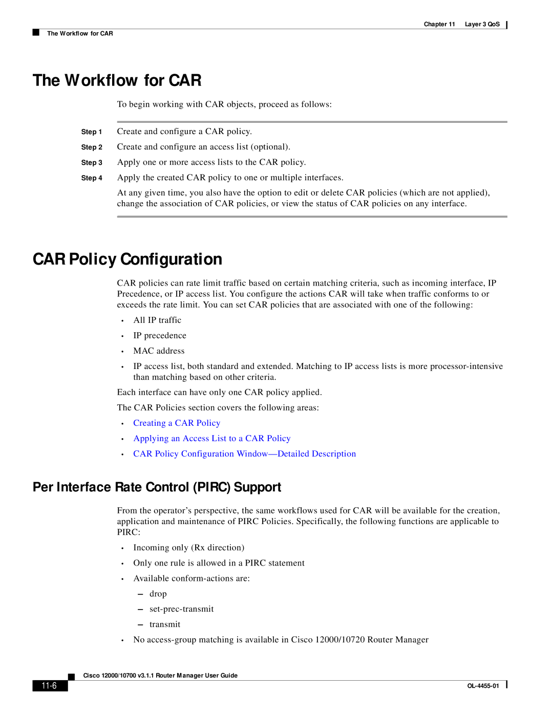 Cisco Systems 12000/10700 V3.1.1 Workflow for CAR, CAR Policy Configuration, Per Interface Rate Control Pirc Support, 11-6 