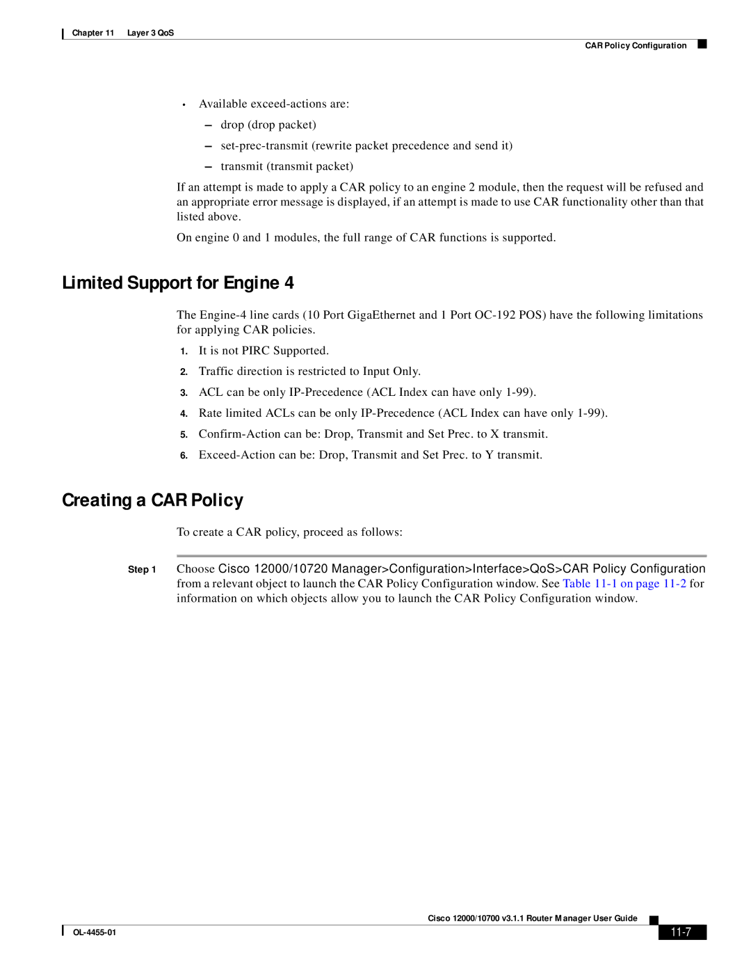 Cisco Systems 12000/10700 V3.1.1 manual Limited Support for Engine, Creating a CAR Policy, 11-7 