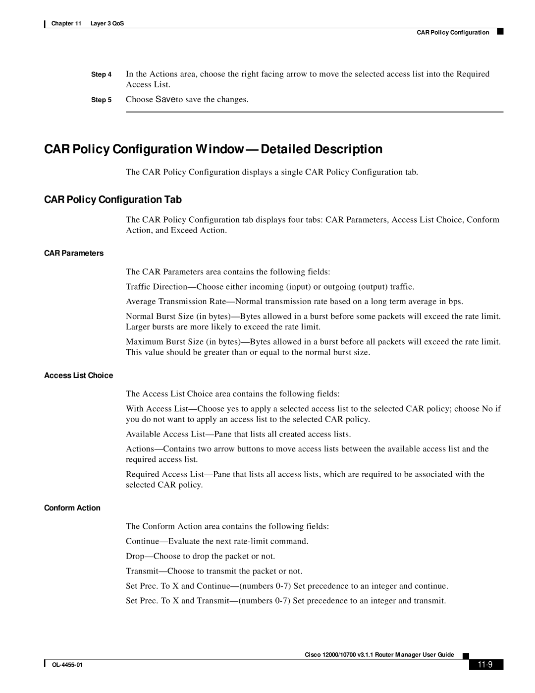 Cisco Systems 12000/10700 V3.1.1 manual CAR Policy Configuration Window-Detailed Description, CAR Policy Configuration Tab 