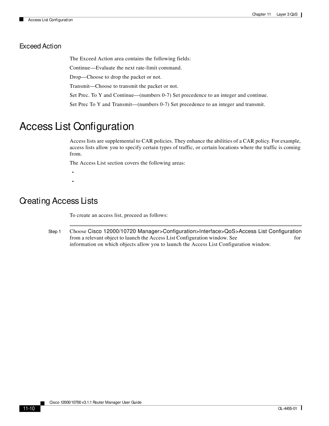 Cisco Systems 12000/10700 V3.1.1 manual Access List Configuration, Creating Access Lists, Exceed Action, 11-10 