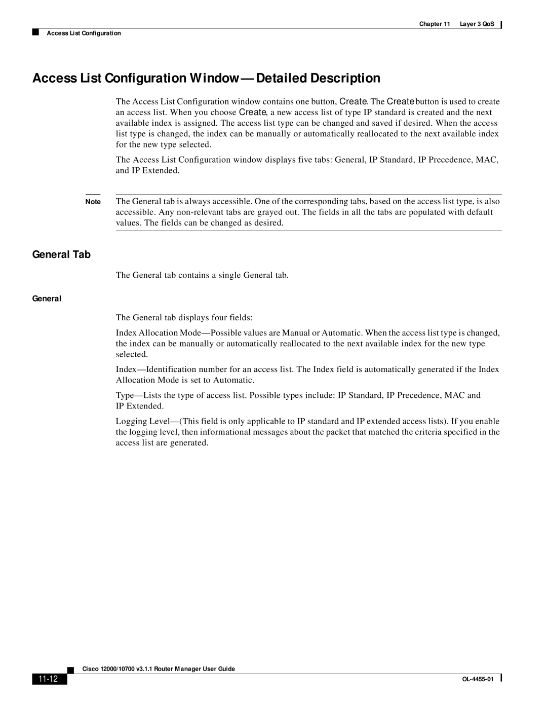 Cisco Systems 12000/10700 V3.1.1 manual Access List Configuration Window-Detailed Description, 11-12 