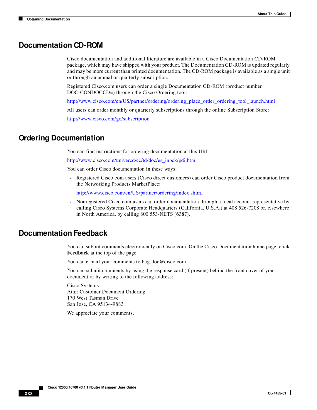 Cisco Systems 12000/10700 V3.1.1 manual Documentation CD-ROM, Ordering Documentation, Documentation Feedback, Xxx 