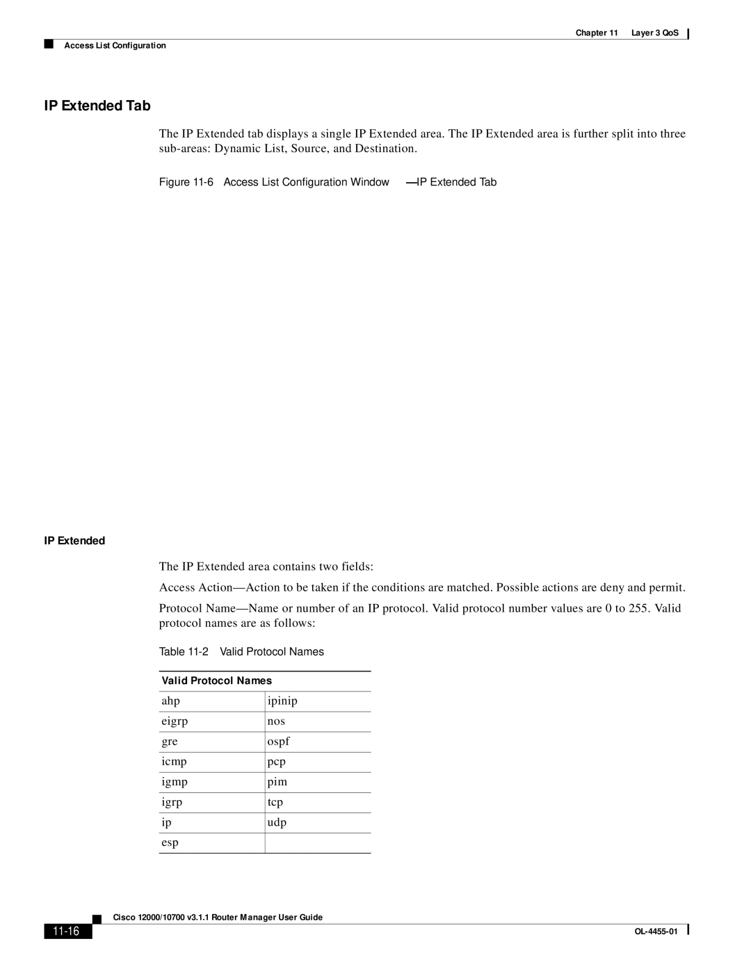 Cisco Systems 12000/10700 V3.1.1 manual IP Extended Tab, Valid Protocol Names, 11-16 