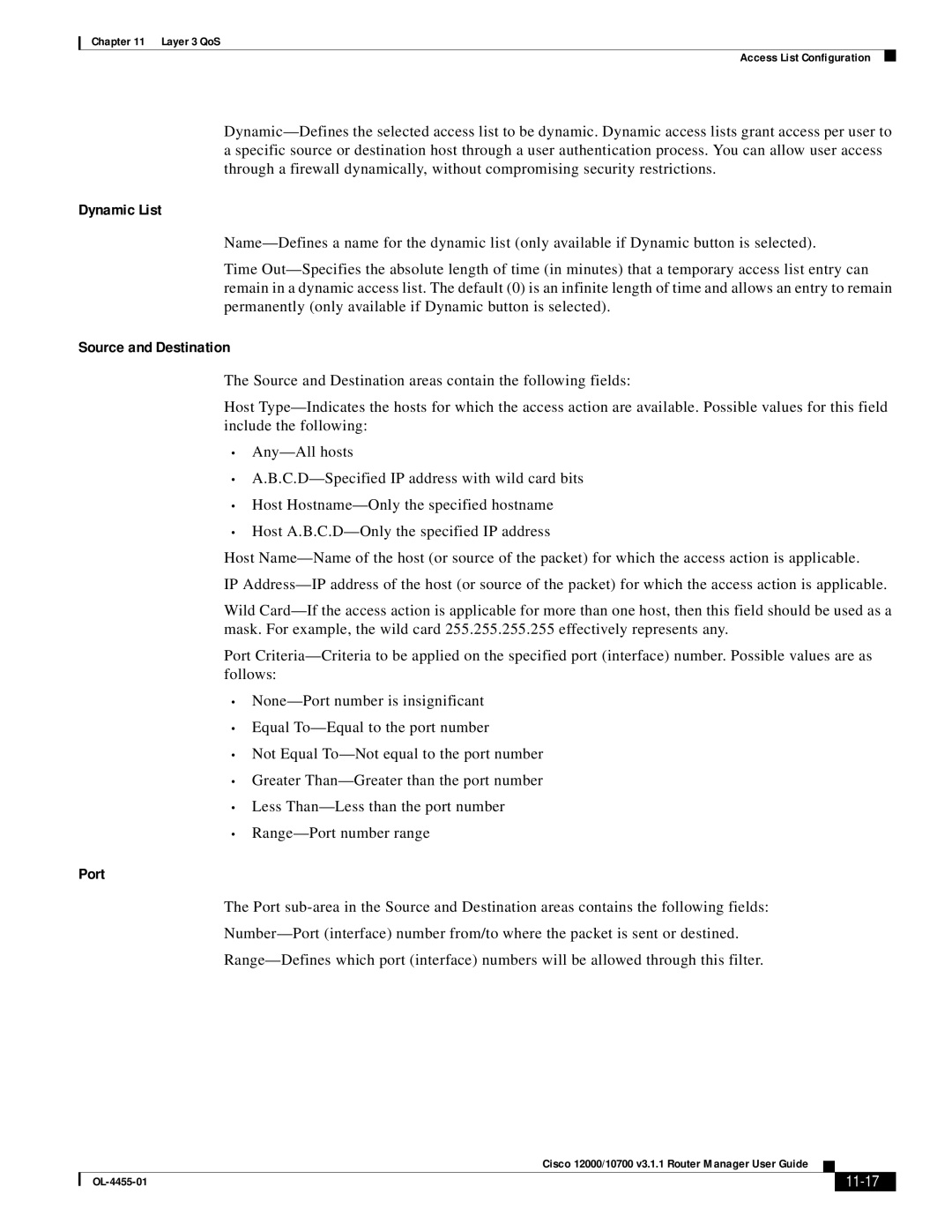 Cisco Systems 12000/10700 V3.1.1 manual Dynamic List, Source and Destination, Port, 11-17 