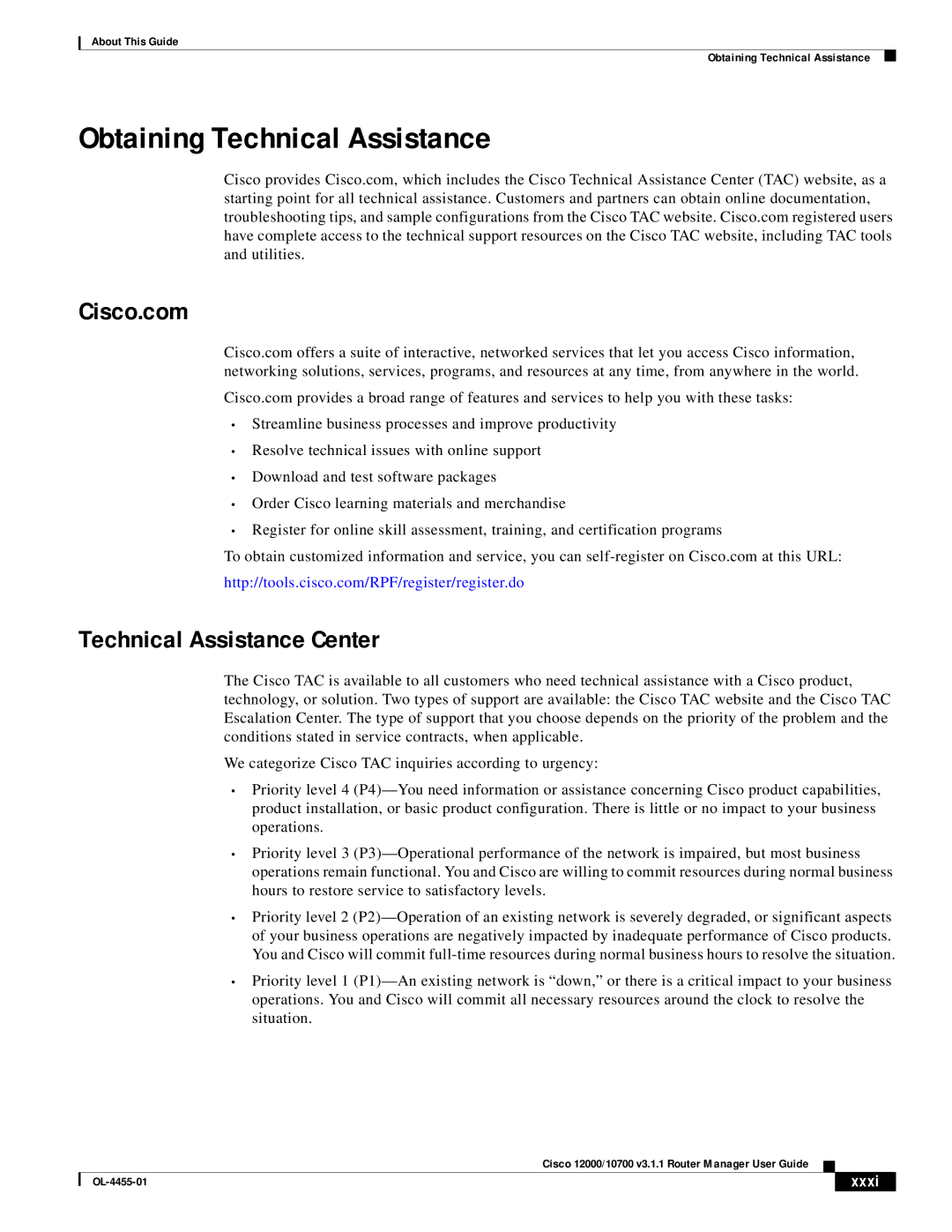 Cisco Systems 12000/10700 V3.1.1 manual Obtaining Technical Assistance, Technical Assistance Center, Xxxi 