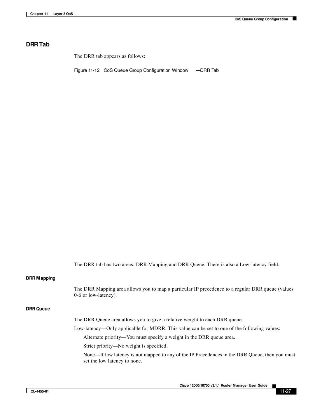 Cisco Systems 12000/10700 V3.1.1 manual DRR Tab, DRR Mapping, DRR Queue, 11-27 