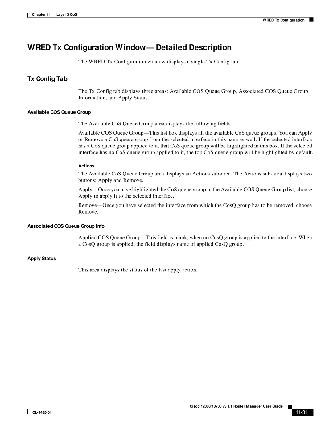 Cisco Systems 12000/10700 V3.1.1 manual Wred Tx Configuration Window-Detailed Description, Tx Config Tab, 11-31 