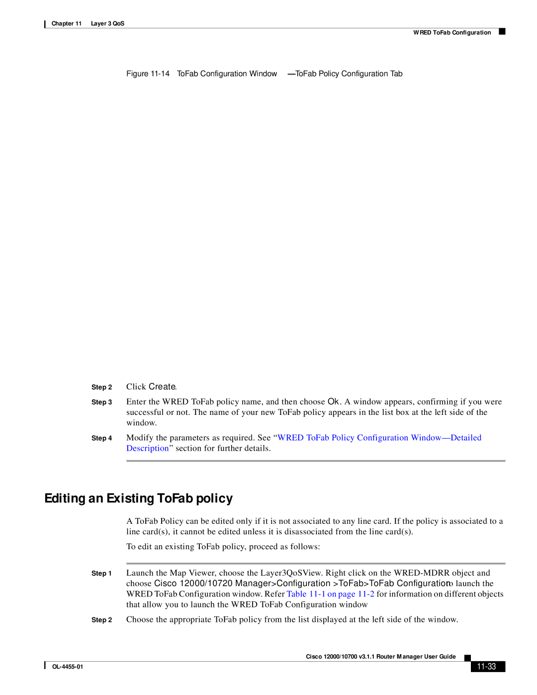 Cisco Systems 12000/10700 V3.1.1 manual Editing an Existing ToFab policy, 11-33 