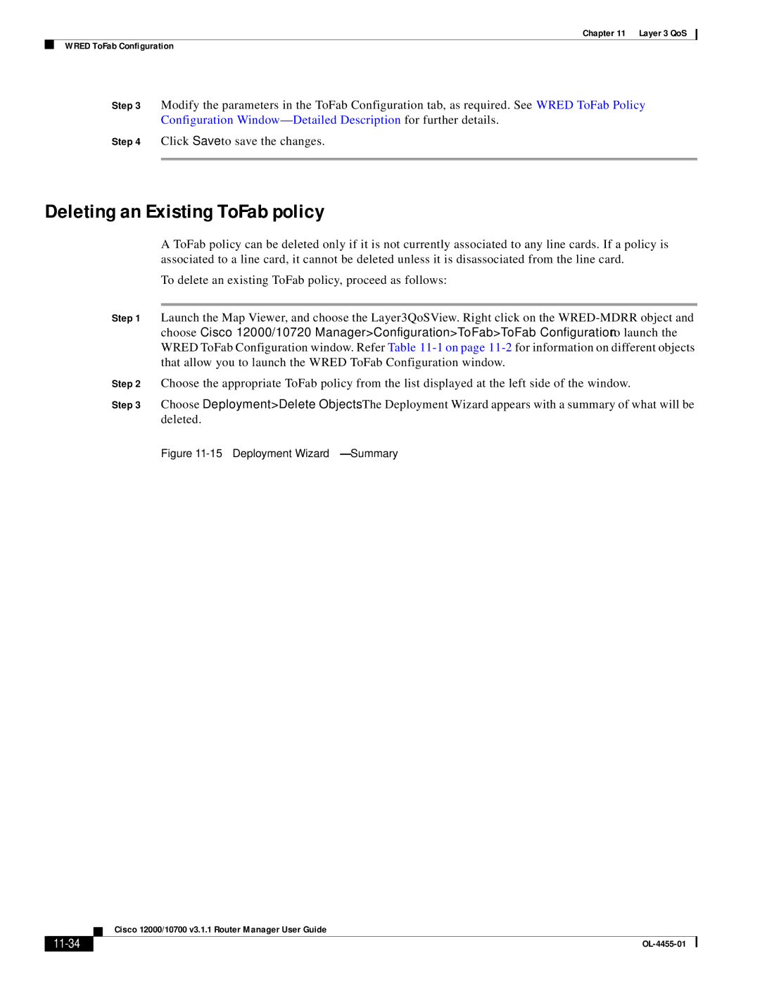 Cisco Systems 12000/10700 V3.1.1 manual Deleting an Existing ToFab policy, 11-34 