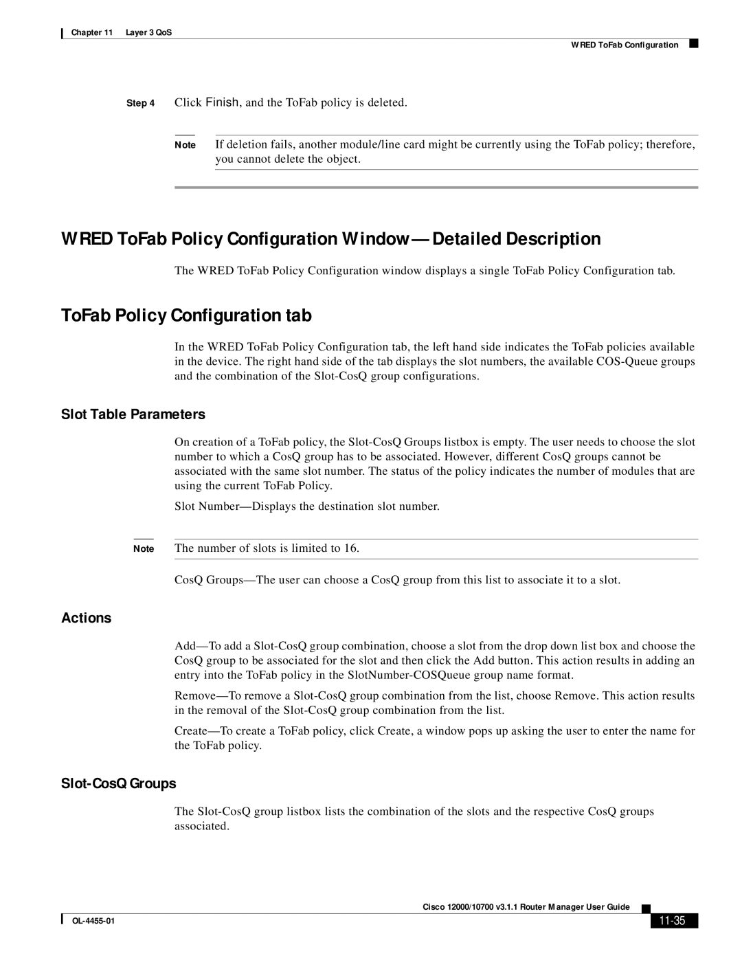 Cisco Systems 12000/10700 V3.1.1 Wred ToFab Policy Configuration Window-Detailed Description, Slot Table Parameters, 11-35 