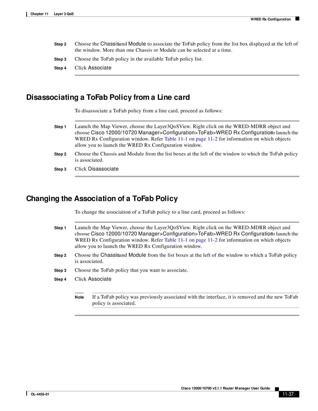 Cisco Systems 12000/10700 V3.1.1 manual Disassociating a ToFab Policy from a Line card, 11-37 