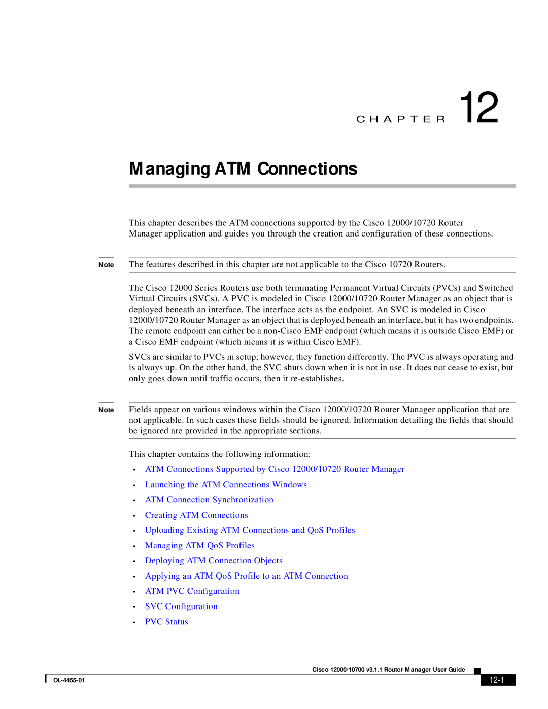 Cisco Systems 12000/10700 V3.1.1 manual Managing ATM Connections, 12-1 