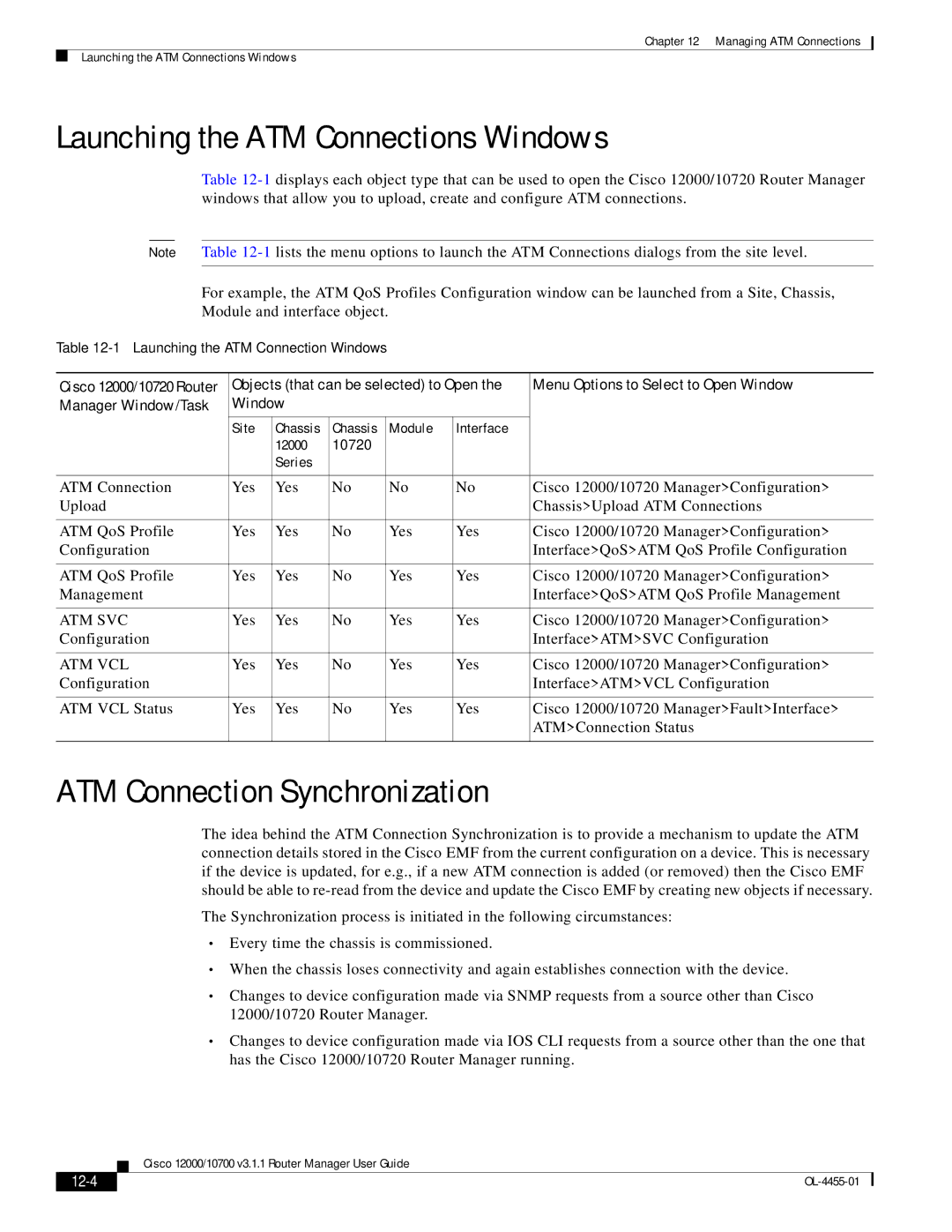 Cisco Systems 12000/10700 V3.1.1 manual Launching the ATM Connections Windows, ATM Connection Synchronization, 12-4 