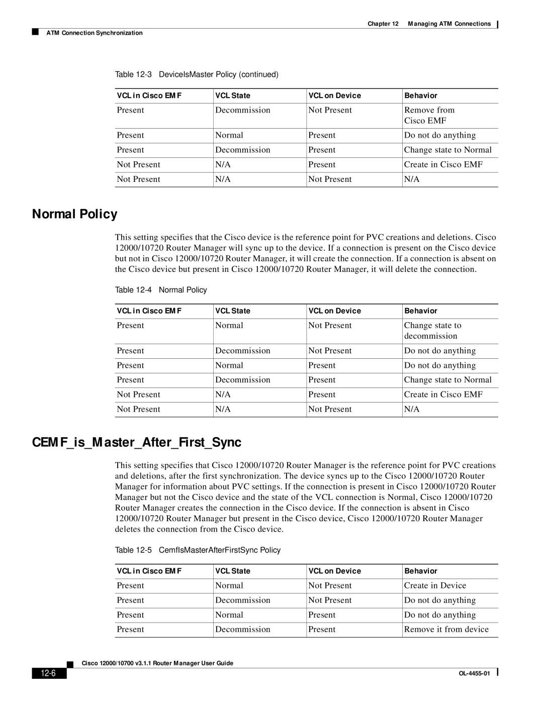 Cisco Systems 12000/10700 V3.1.1 manual Normal Policy, CEMFisMasterAfterFirstSync, 12-6 