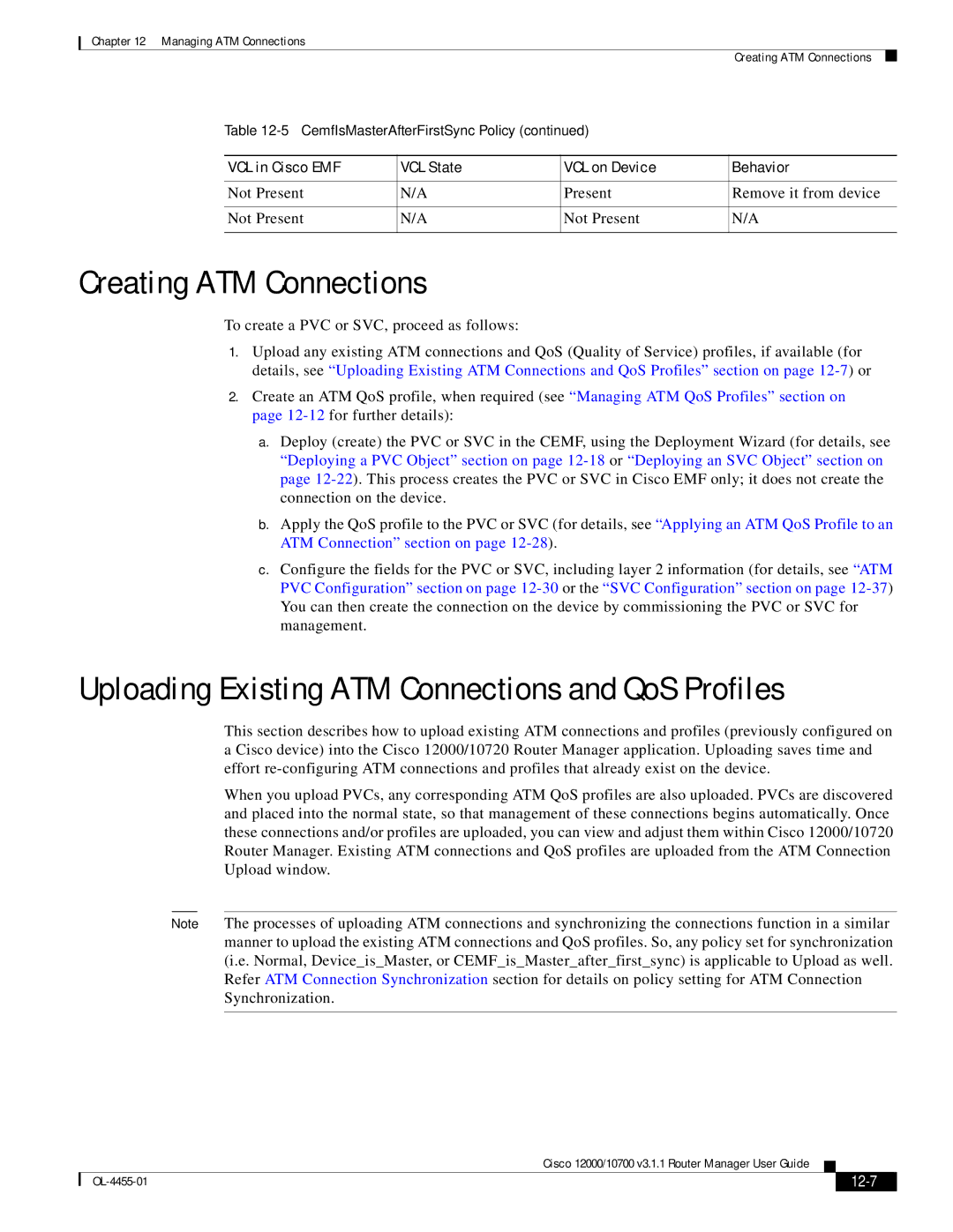 Cisco Systems 12000/10700 V3.1.1 manual Creating ATM Connections, Uploading Existing ATM Connections and QoS Profiles, 12-7 