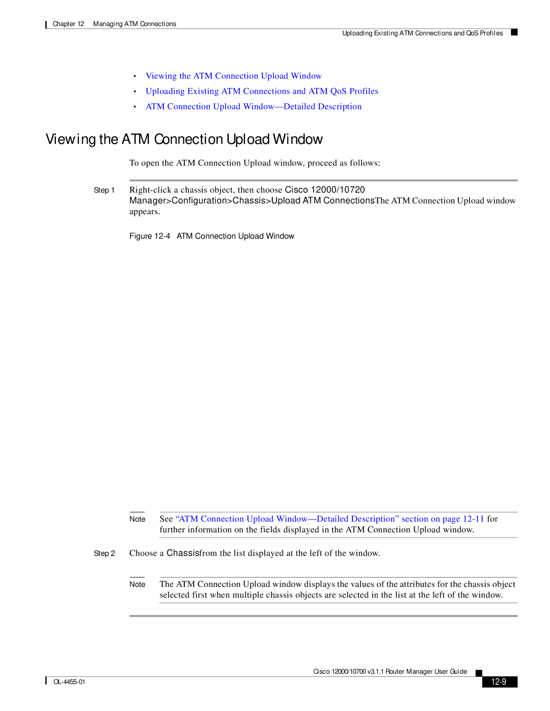 Cisco Systems 12000/10700 V3.1.1 manual Viewing the ATM Connection Upload Window, 12-9 