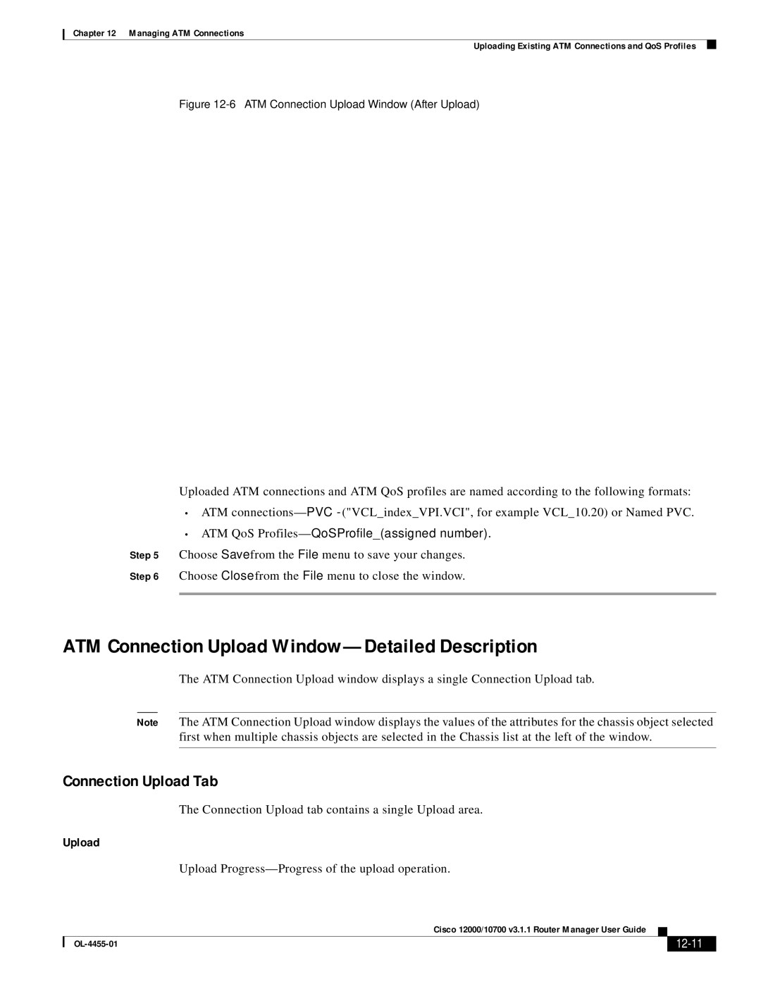 Cisco Systems 12000/10700 V3.1.1 manual ATM Connection Upload Window-Detailed Description, Connection Upload Tab, 12-11 