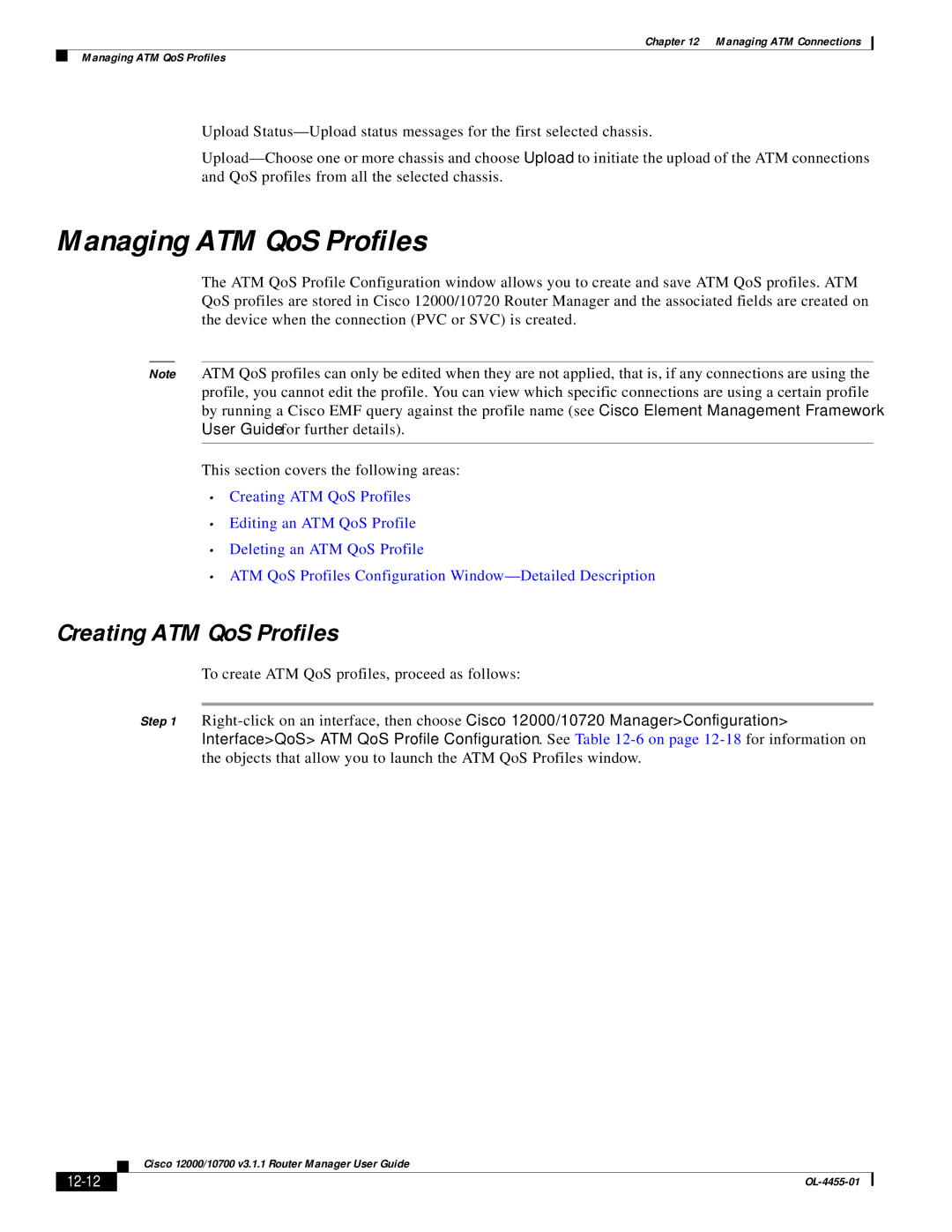 Cisco Systems 12000/10700 V3.1.1 manual Managing ATM QoS Profiles, Creating ATM QoS Profiles, 12-12 