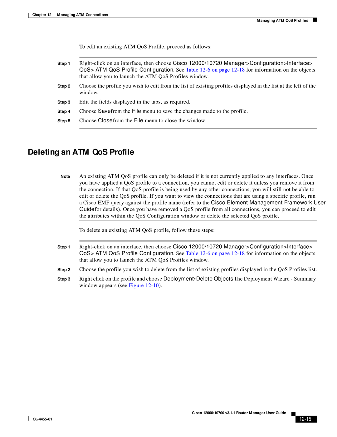 Cisco Systems 12000/10700 V3.1.1 manual Deleting an ATM QoS Profile, 12-15 