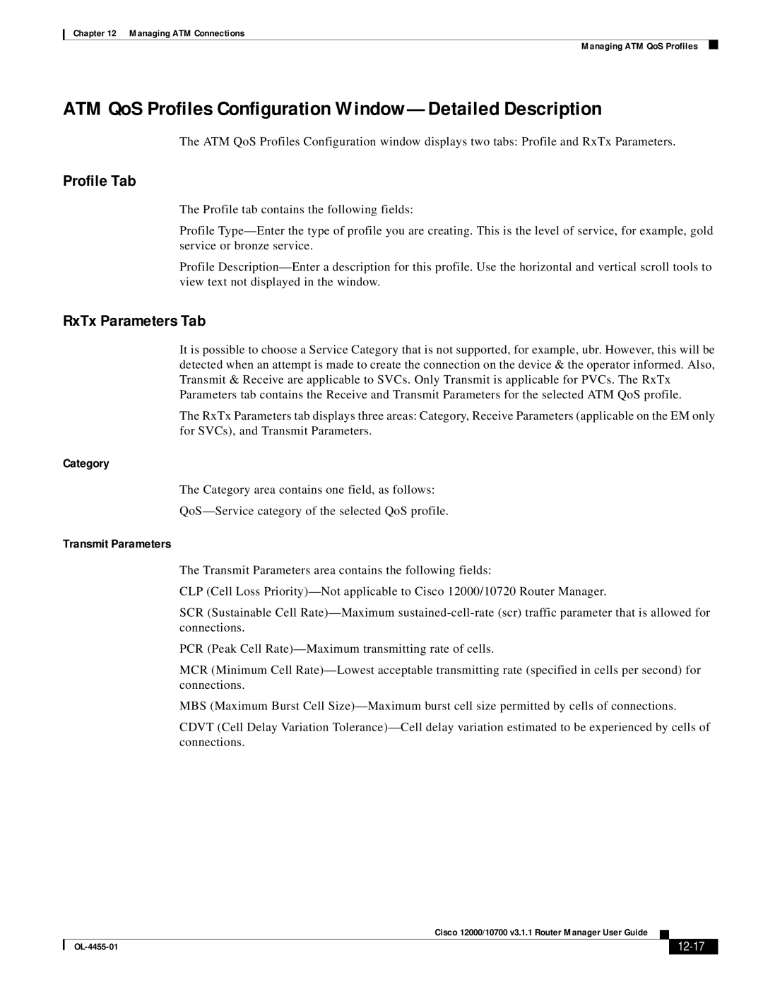 Cisco Systems 12000/10700 V3.1.1 manual ATM QoS Profiles Configuration Window-Detailed Description, Profile Tab, Category 