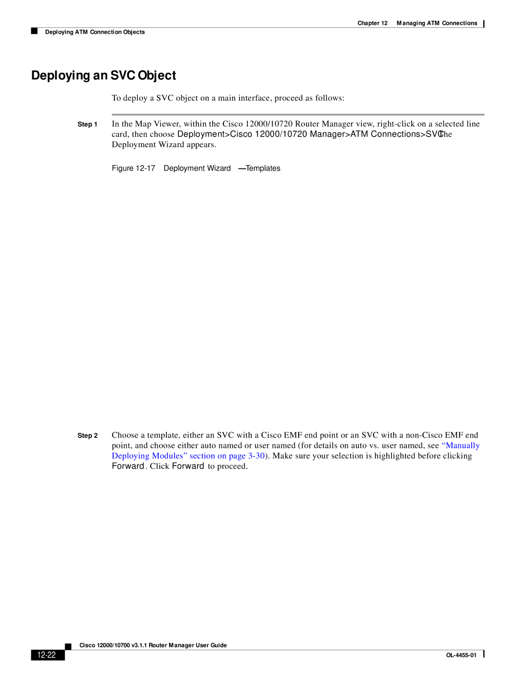 Cisco Systems 12000/10700 V3.1.1 manual Deploying an SVC Object, 12-22 