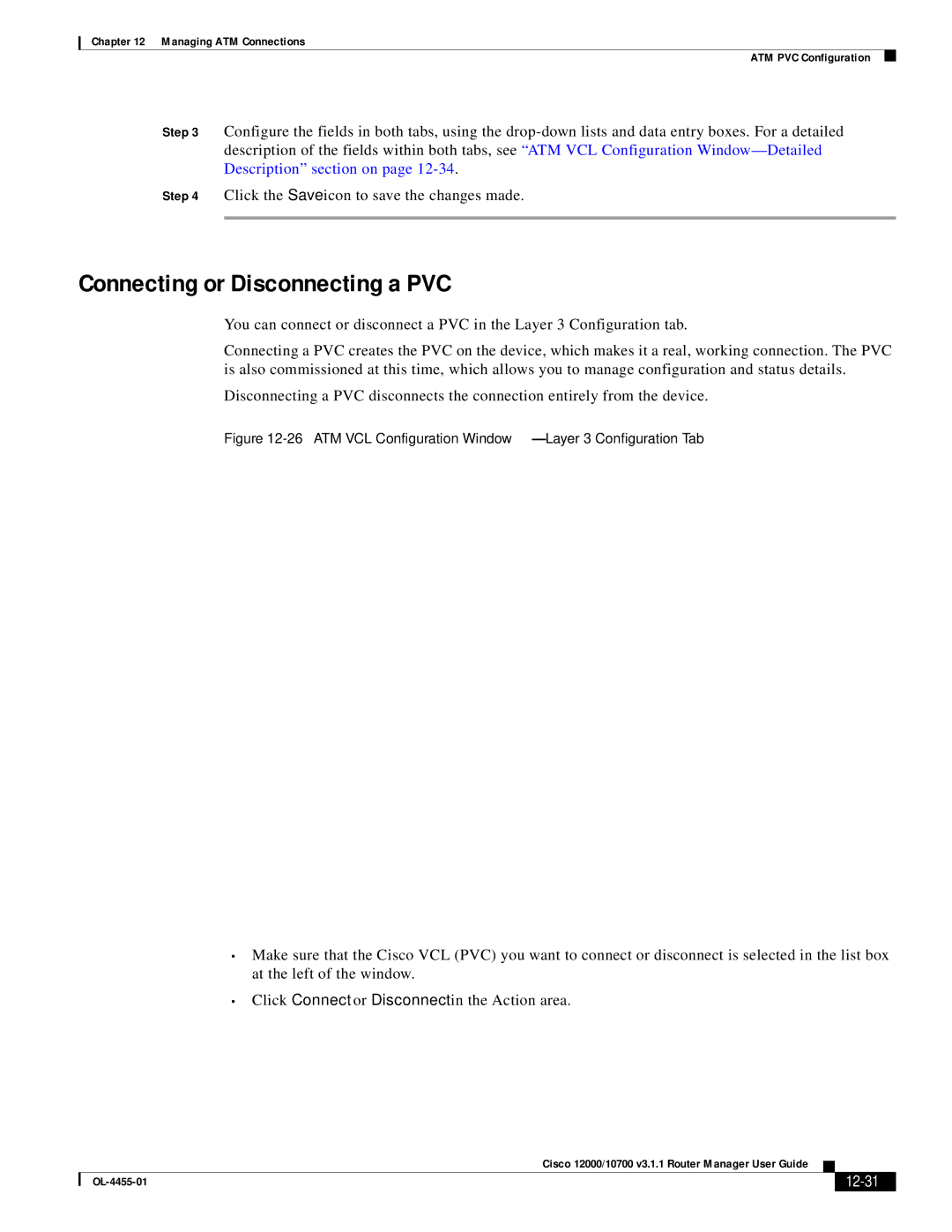 Cisco Systems 12000/10700 V3.1.1 manual Connecting or Disconnecting a PVC, 12-31 