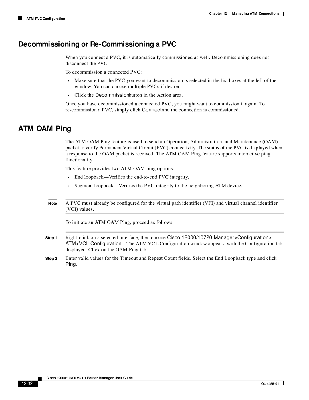 Cisco Systems 12000/10700 V3.1.1 manual Decommissioning or Re-Commissioning a PVC, ATM OAM Ping, 12-32 