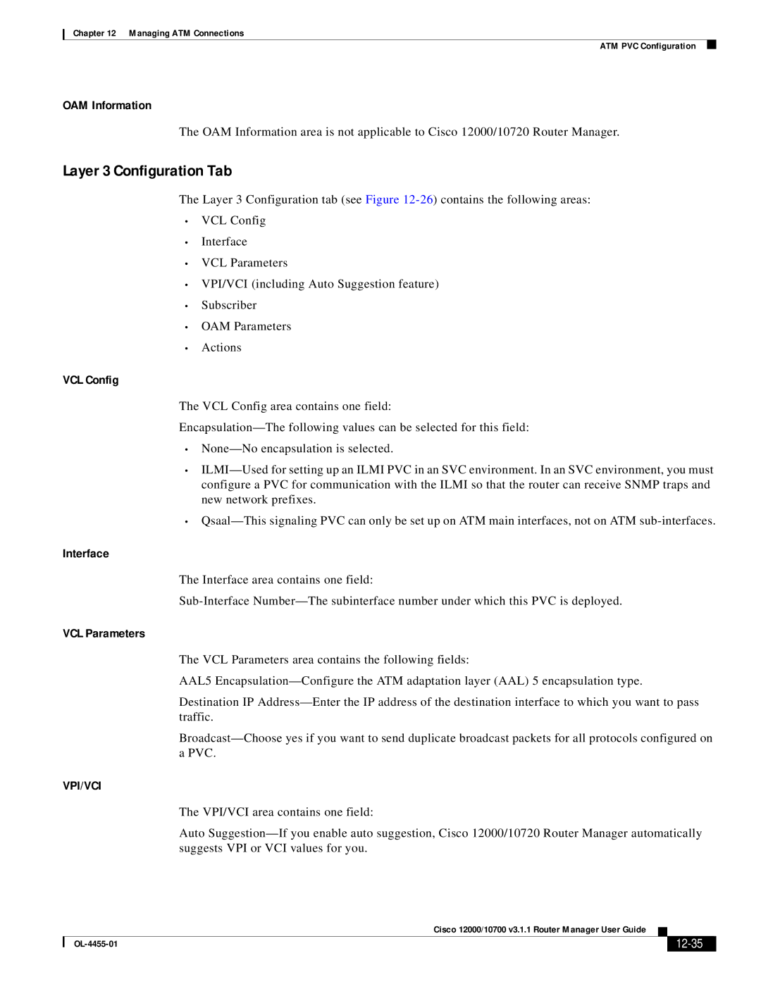 Cisco Systems 12000/10700 V3.1.1 manual Layer 3 Configuration Tab, OAM Information, VCL Config, Interface, VCL Parameters 