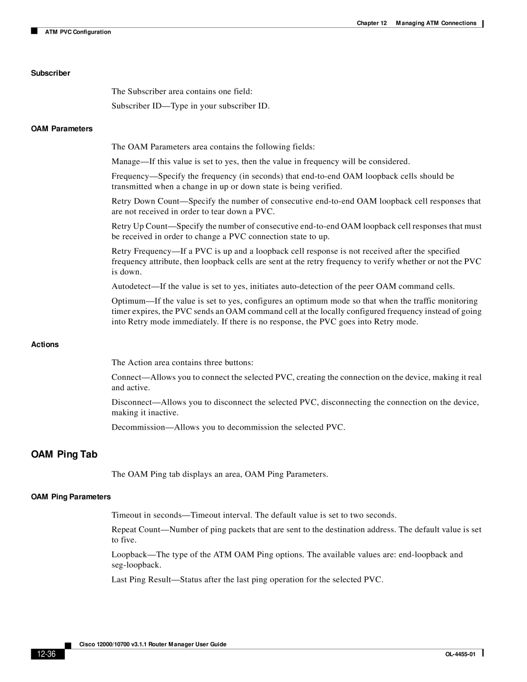 Cisco Systems 12000/10700 V3.1.1 manual OAM Ping Tab, Subscriber, OAM Parameters, OAM Ping Parameters, 12-36 