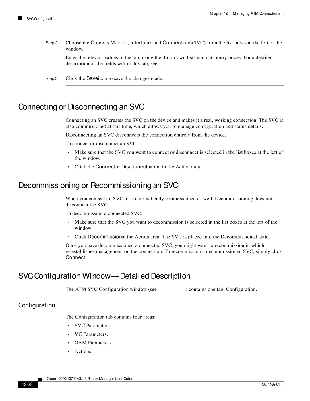 Cisco Systems 12000/10700 V3.1.1 Connecting or Disconnecting an SVC, Decommissioning or Recommissioning an SVC, 12-38 