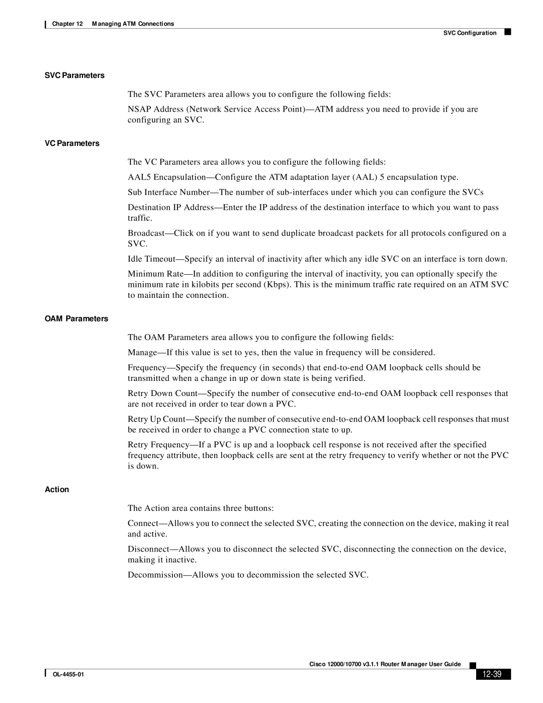 Cisco Systems 12000/10700 V3.1.1 manual SVC Parameters, 12-39 