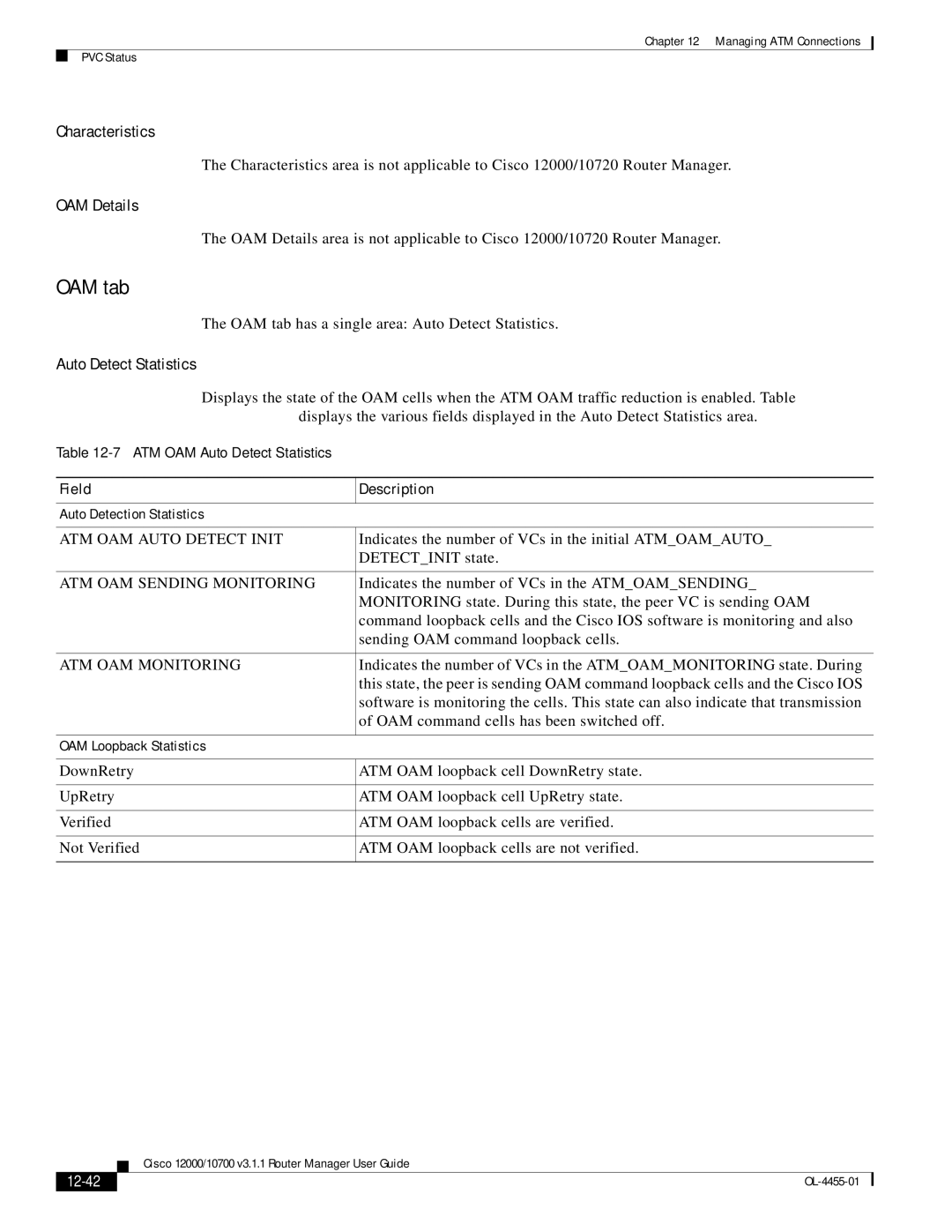 Cisco Systems 12000/10700 V3.1.1 manual OAM tab, Characteristics, OAM Details, Auto Detect Statistics, 12-42 