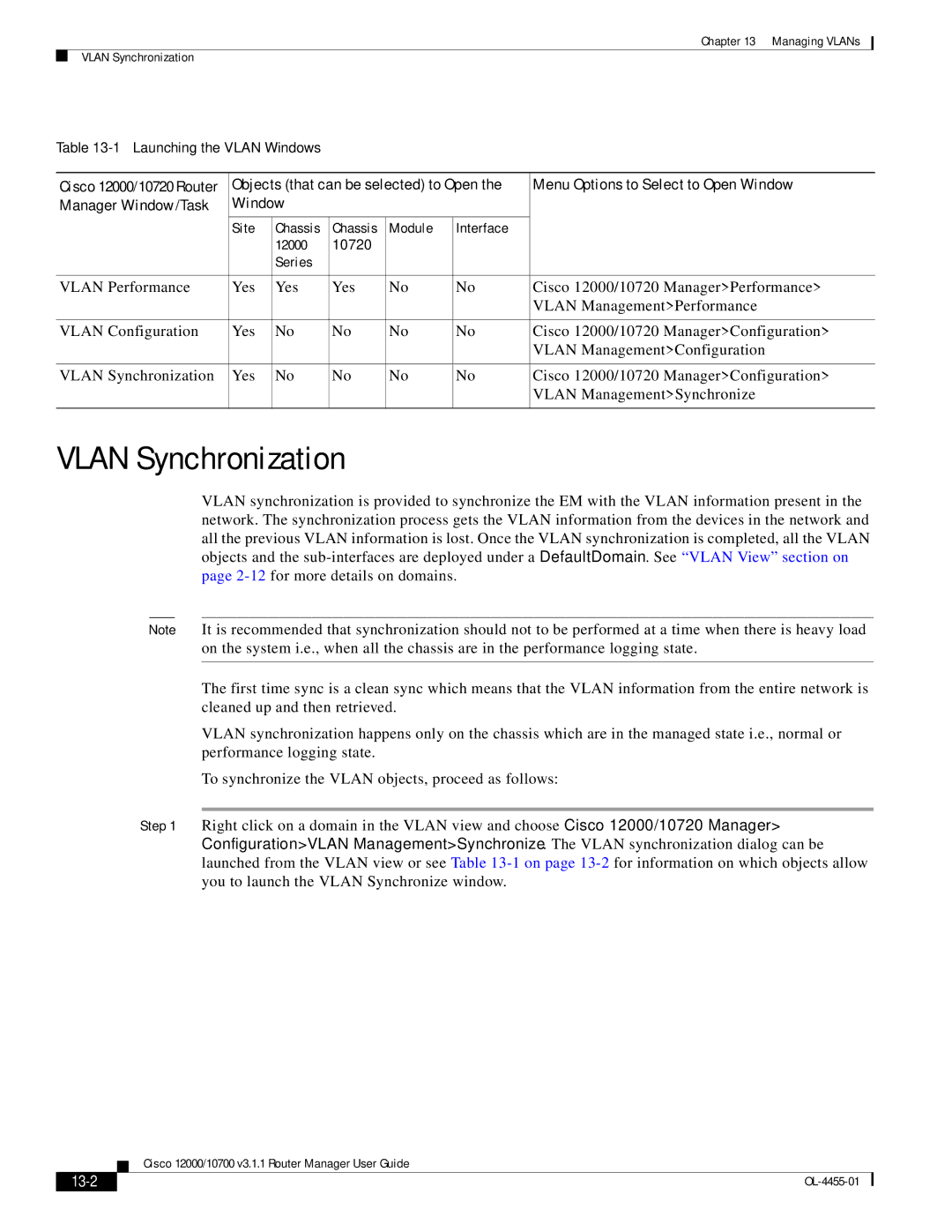 Cisco Systems 12000/10700 V3.1.1 manual Vlan Synchronization, 13-2 