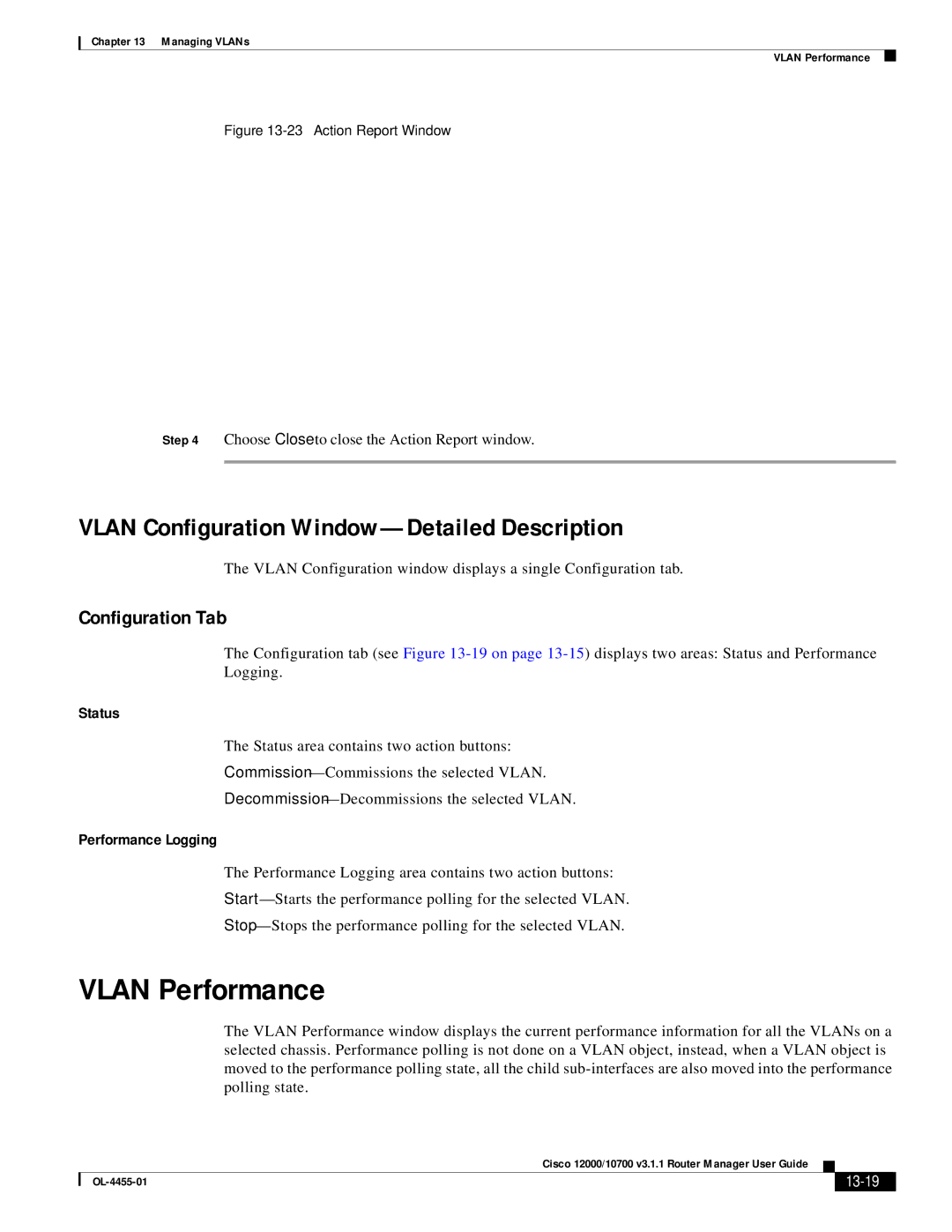 Cisco Systems 12000/10700 V3.1.1 manual Vlan Performance, Vlan Configuration Window-Detailed Description, Status, 13-19 