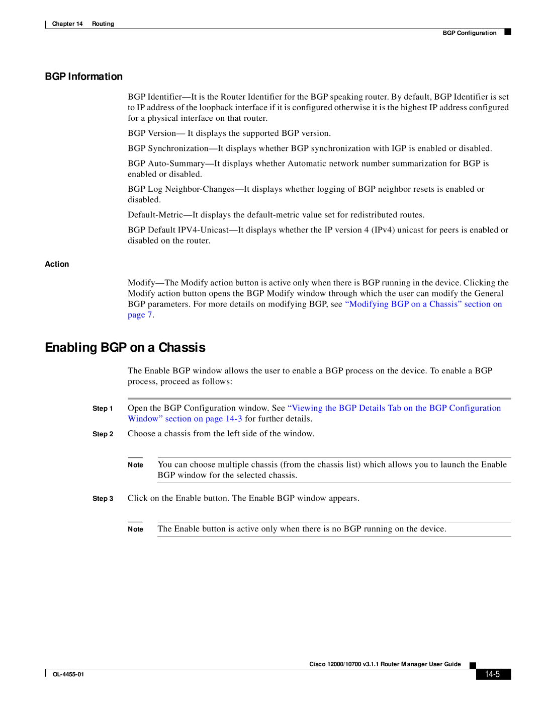 Cisco Systems 12000/10700 V3.1.1 manual Enabling BGP on a Chassis, BGP Information, 14-5 