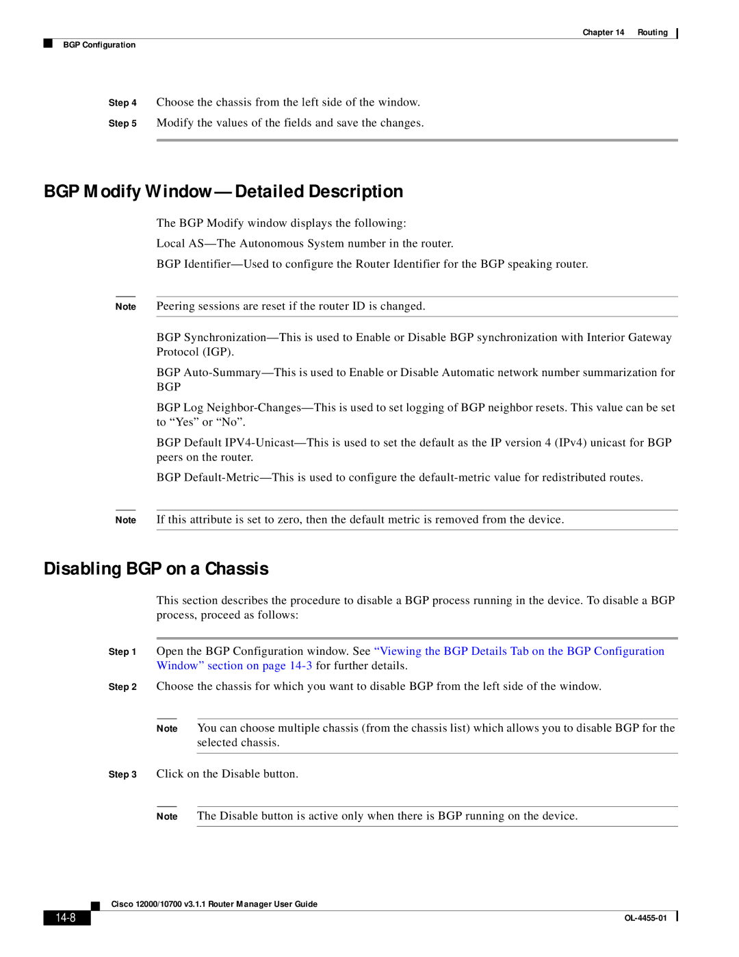 Cisco Systems 12000/10700 V3.1.1 manual BGP Modify Window-Detailed Description, Disabling BGP on a Chassis, 14-8 