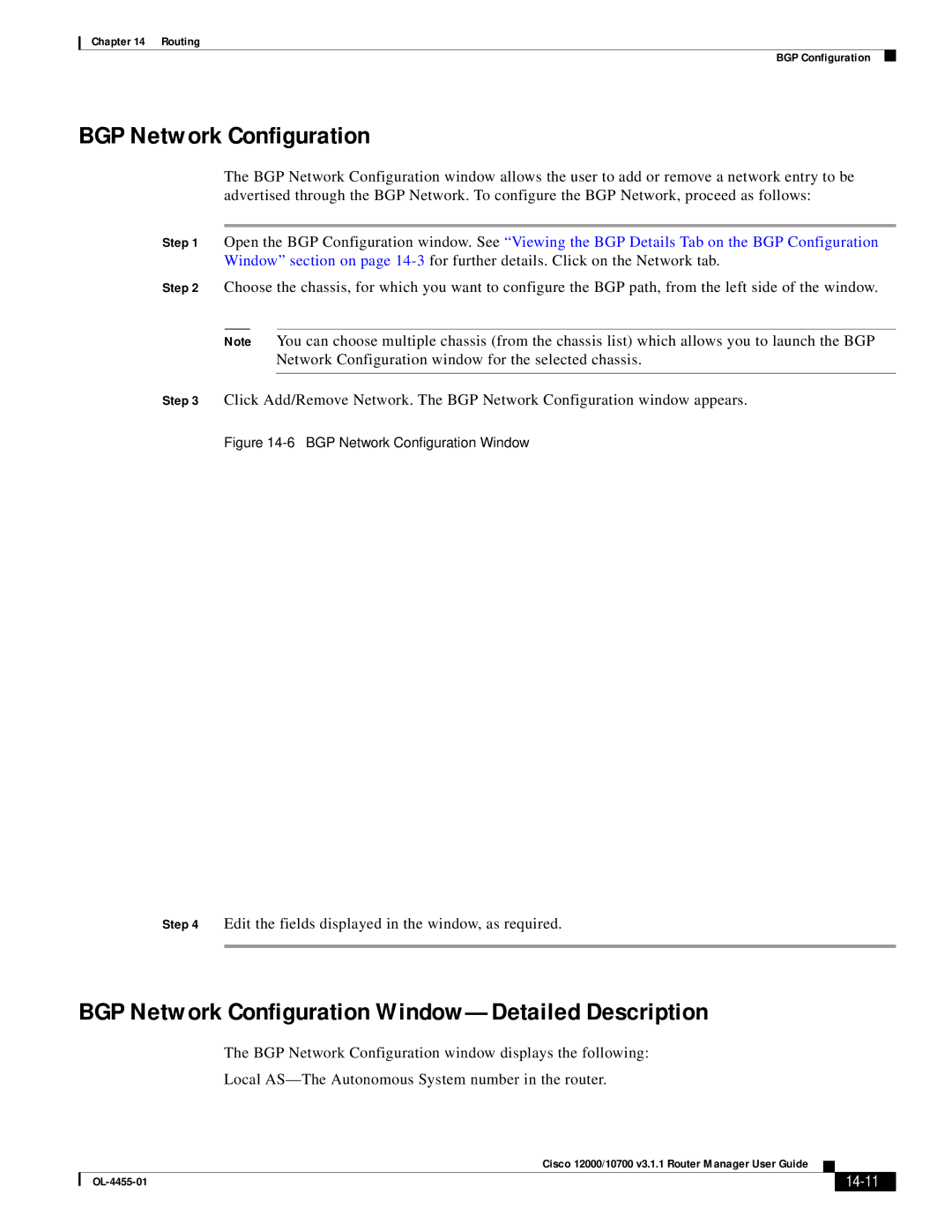 Cisco Systems 12000/10700 V3.1.1 manual BGP Network Configuration Window-Detailed Description, 14-11 