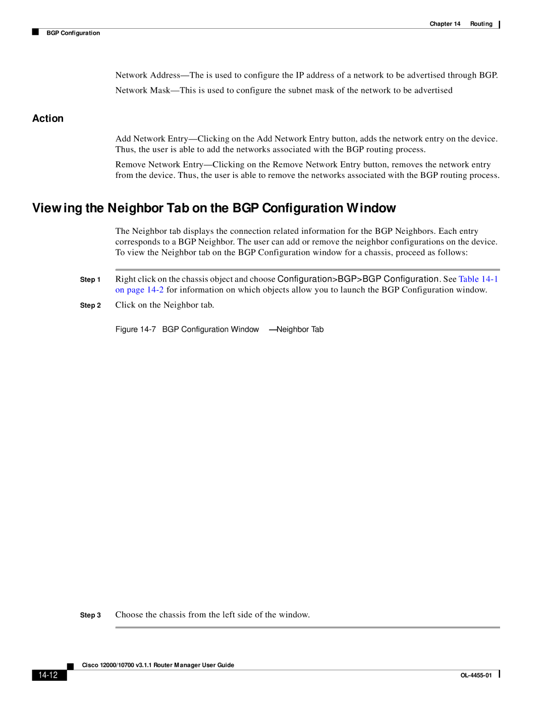 Cisco Systems 12000/10700 V3.1.1 manual Viewing the Neighbor Tab on the BGP Configuration Window, 14-12 