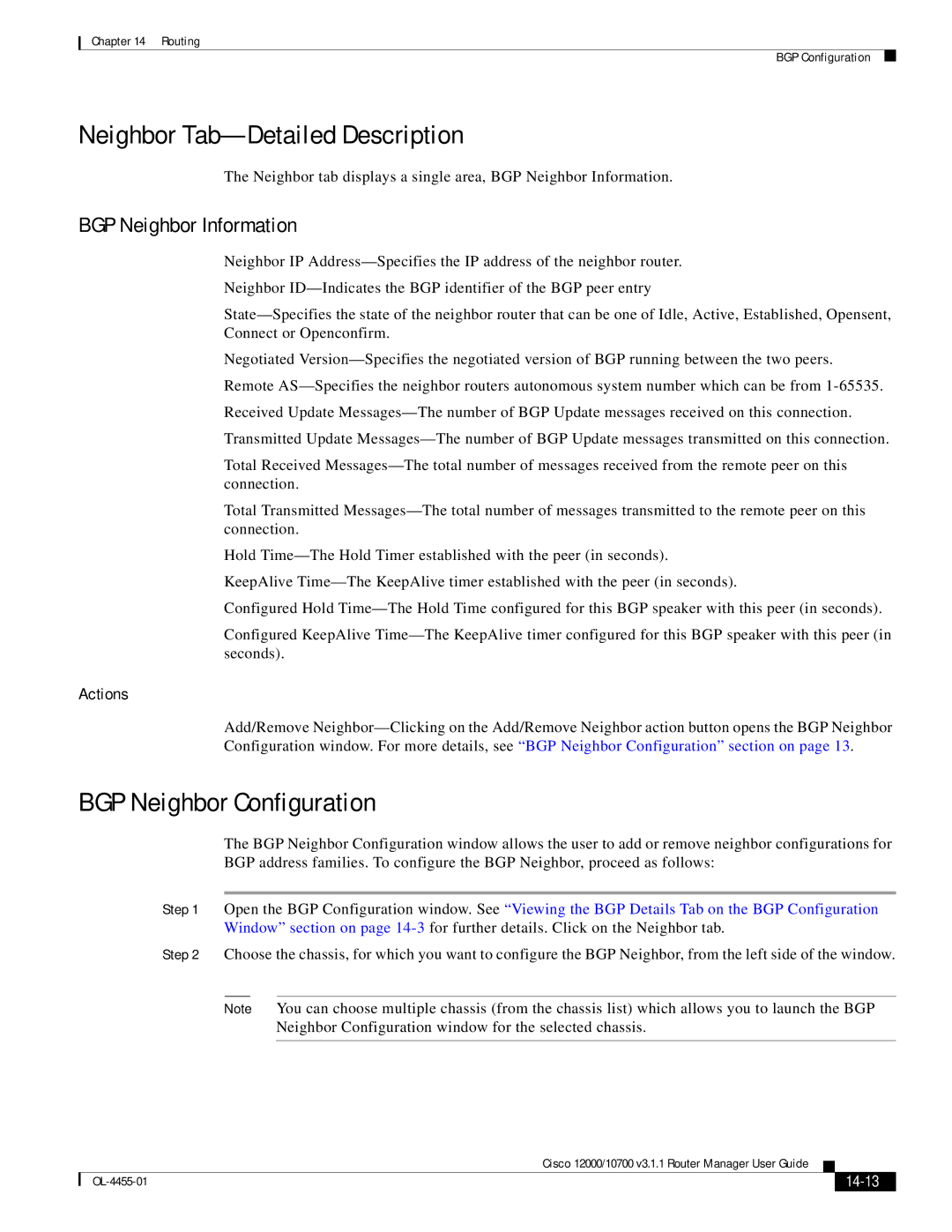 Cisco Systems 12000/10700 V3.1.1 Neighbor Tab-Detailed Description, BGP Neighbor Configuration, BGP Neighbor Information 