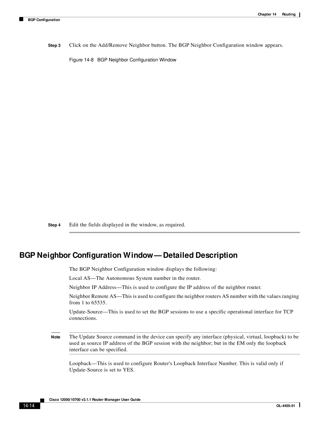 Cisco Systems 12000/10700 V3.1.1 manual BGP Neighbor Configuration Window-Detailed Description, 14-14 