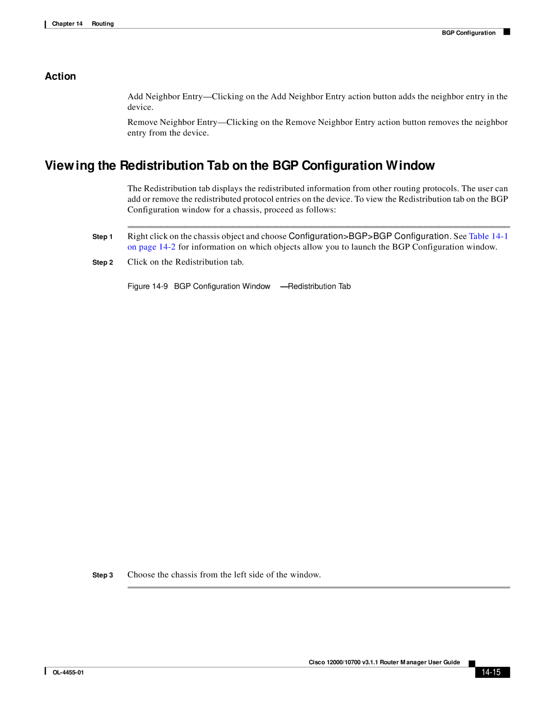 Cisco Systems 12000/10700 V3.1.1 manual 14-15, BGP Configuration Window-Redistribution Tab 