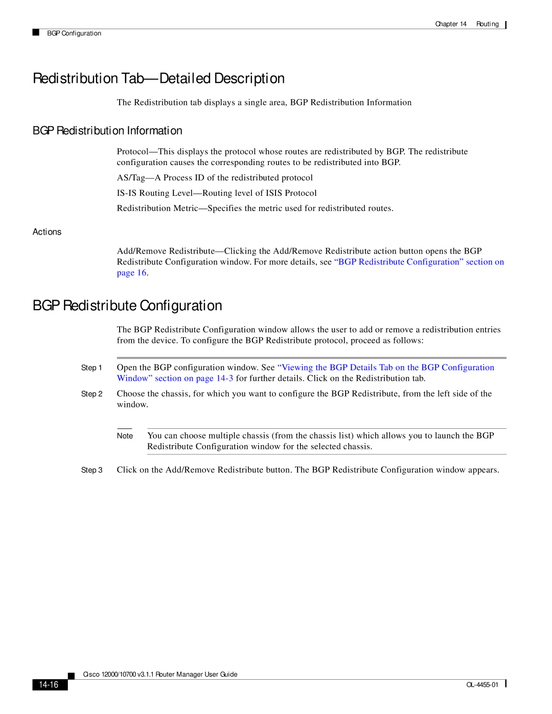 Cisco Systems 12000/10700 V3.1.1 manual Redistribution Tab-Detailed Description, BGP Redistribute Configuration, 14-16 